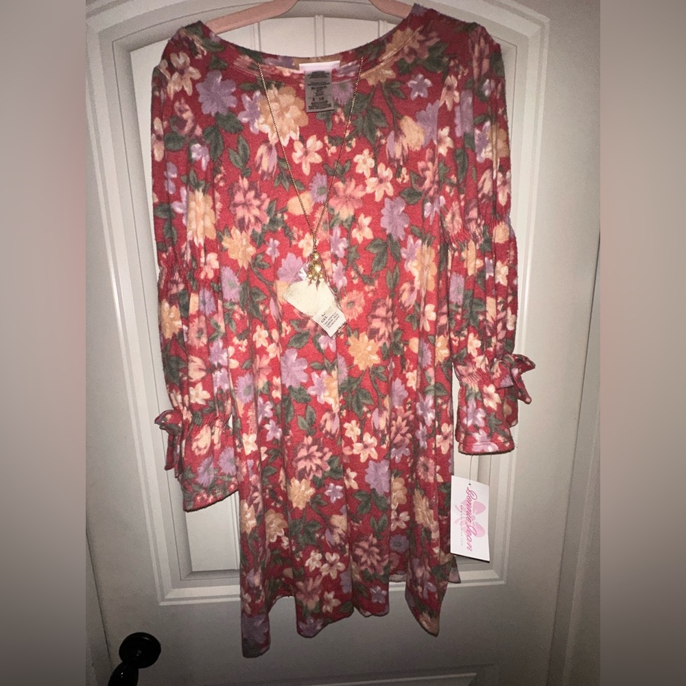 Bonnie Jean Girls Floral Dress Size 16 NWT w/ Necklace